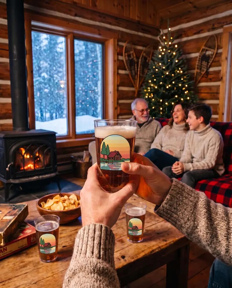 Famille qui trinque au chalet avec des verres imprimés
